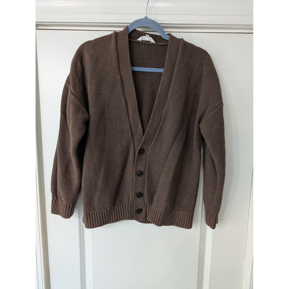 KOTN Womens Brown Chunky Knit Cotton V-Neck Button Front Cardigan Sweater Small